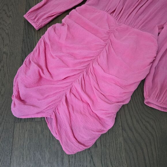 Rodebjer Adilah Ruched Long Balloon Sleeve Mini Dress in Moroccan Rose Pink - Picture 11 of 15